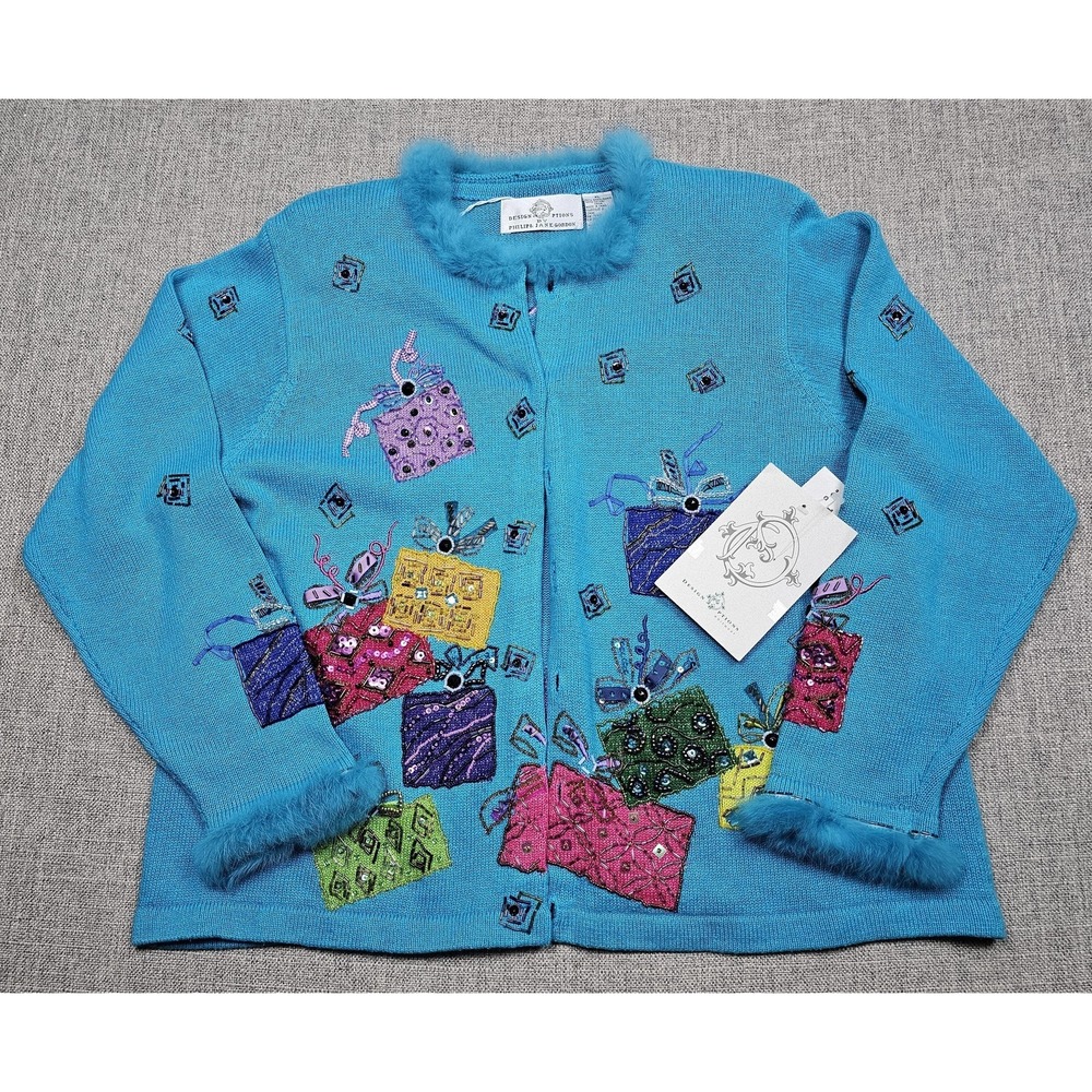 Vintage Design Options Sweater Womens XL Blue Present Christmas Cardigan Beaded